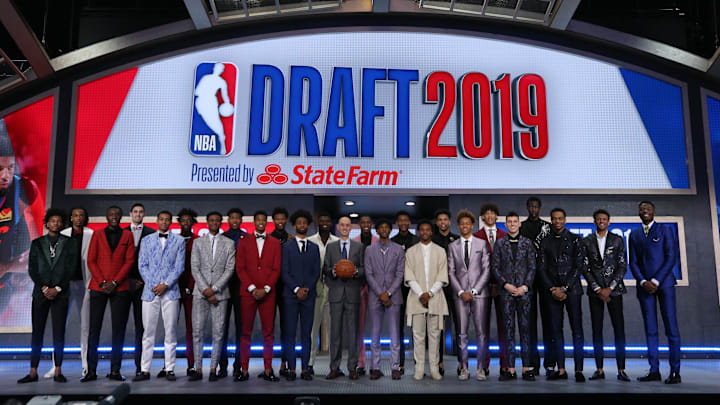 Jun 20, 2019; Brooklyn, NY, USA; NBA Draft prospects pose for a group photo with commissioner Adam Silver (center) prior to the first round of the 2019 NBA Draft at Barclays Center. Mandatory Credit: Brad Penner-Imagn Images