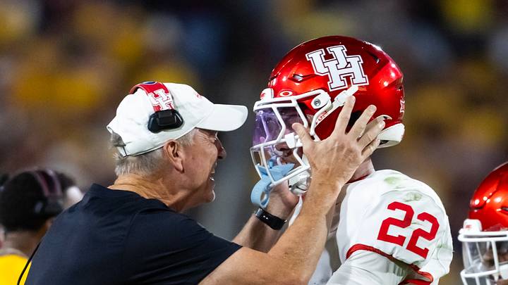 Oct 25, 2025; Tempe, Arizona, USA; Houston Cougars head coach Willie Fritz celebrates a play with defensive back Marc Stampley II (22) against the Arizona State Sun Devils at Mountain America Stadium. Mandatory Credit: Mark J. Rebilas-Imagn Images Oct 25, 2025; Tempe, Arizona, USA; Houston Cougars head coach Willie Fritz celebrates a play with defensive back Marc Stampley II (22) against the Arizona State Sun Devils at Mountain America Stadium. Mandatory Credit: Mark J. Rebilas-Imagn Images