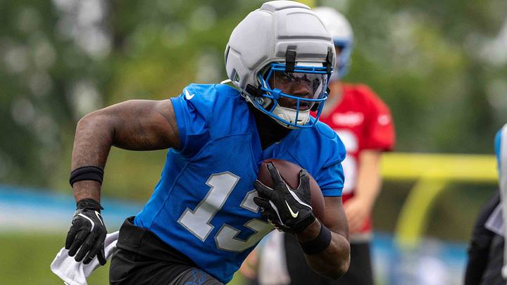 Detroit Lions wide receiver Jackson Meeks (13) carries the ball during training camp