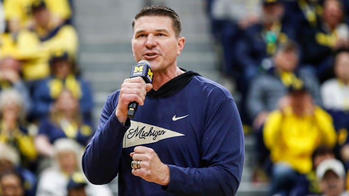Jon Jansen speaks during the Alumni Territory National Championship Pep Rally at Rice University's Tudor Fieldhouse in Houston on Sunday, Jan. 7, 2024. Jon Jansen speaks during the Alumni Territory National Championship Pep Rally at Rice University's Tudor Fieldhouse in Houston on Sunday, Jan. 7, 2024.