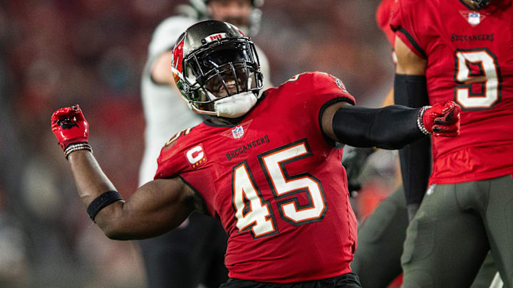 Dec 24, 2023; Tampa, Florida, USA; Tampa Bay Buccaneers linebacker Devin White (45) celebrates a sack against the Jacksonville Jaguars at Raymond James Stadium. Mandatory Credit: Jeremy Reper-Imagn Images