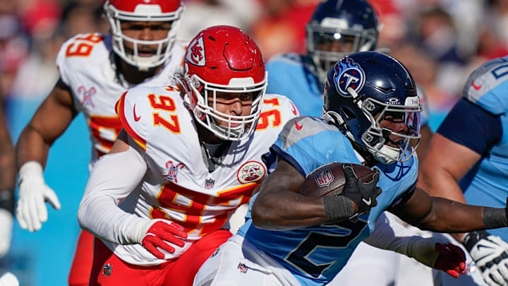 Tennessee Titans running back Tyjae Spears runs for a first down against the Kansas City Chiefs