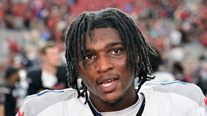 Tennessee Titans quarterback Cam Ward is interviewed after the game against the Arizona Cardinals.