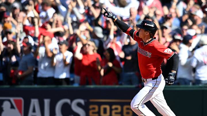 Oct 15, 2026; Cleveland, Ohio, USA;  Cleveland Guardians outfielder Petey Halpin (0) rounds the bases after hitting a two-run home run against the Tampa Bay Rays during the fifth inningin game three of the ALCS for the 2026 MLB Playoffs at Progressive Field.  Mandatory Credit: Ken Blaze-Imagn Images