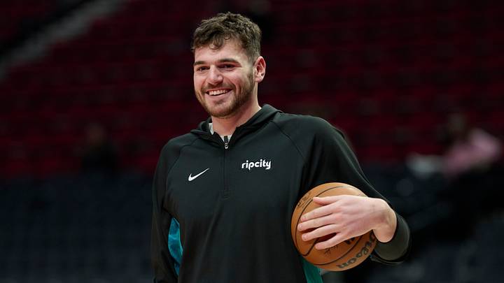 Apr 2, 2026; Portland, Oregon, USA; Portland Trail Blazers center Donovan Clingan (23) warms up before a game against the New Orleans Pelicans at Moda Center. Mandatory Credit: Troy Wayrynen-Imagn Images
