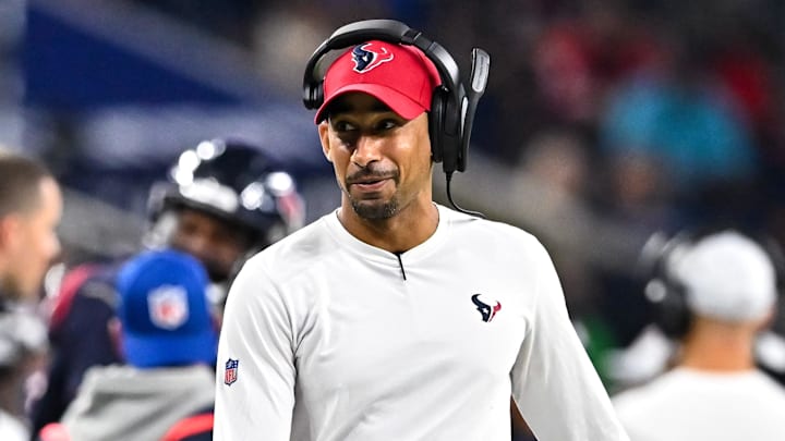 Aug 25, 2022; Houston, Texas, USA;  Houston Texans cornerbacks coach Dino Vasso looks on during the second half against the San Francisco 49ers at NRG Stadium. Mandatory Credit: Maria Lysaker-Imagn Images