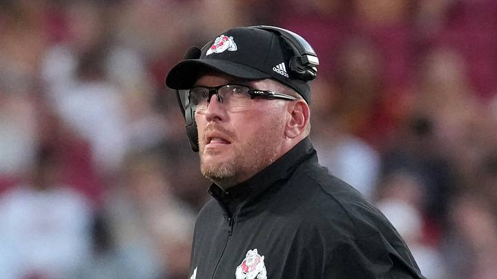 Sep 4, 2026; Los Angeles, California, USA; Fresno State Bulldogs head coach Matt Entz reacts in the first half against the Southern California Trojans at United Airlines Field at Los Angeles Memorial Coliseum