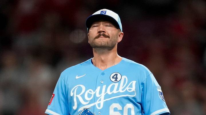 Kansas City Royals pitcher Lucas Erceg (60) takes a breath