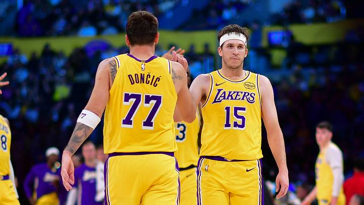 Mar 12, 2026; Los Angeles, California, USA; Los Angeles Lakers guard Luka Doncic (77) and guard Austin Reaves (15) react during the second half at Crypto.com Arena. Mandatory Credit: Gary A. Vasquez-Imagn Images Mar 12, 2026; Los Angeles, California, USA; Los Angeles Lakers guard Luka Doncic (77) and guard Austin Reaves (15) react during the second half at Crypto.com Arena. Mandatory Credit: Gary A. Vasquez-Imagn Images