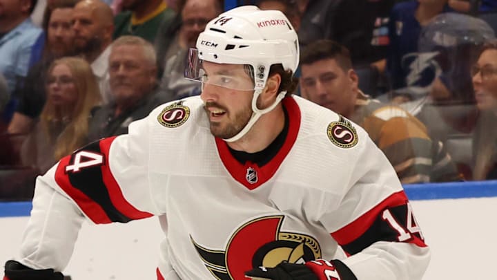 Apr 11, 2024; Tampa, Florida, USA; Ottawa Senators left wing Boris Katchouk (14) skates with the puck against the Tampa Bay Lightning during the first period at Amalie Arena. Mandatory Credit: Kim Klement Neitzel-Imagn Images Apr 11, 2024; Tampa, Florida, USA; Ottawa Senators left wing Boris Katchouk (14) skates with the puck against the Tampa Bay Lightning during the first period at Amalie Arena. Mandatory Credit: Kim Klement Neitzel-Imagn Images
