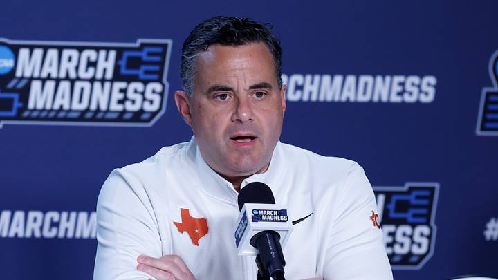Texas Longhorns head coach Sean Miller speaks with the media during a practice session ahead of the first four of the men's 2026 NCAA Tournament at University of Dayton Arena. 