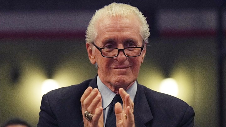 Mar 4, 2023; Miami, Florida, USA; Miami Heat president Pat Riley applauds (Mandatory Credit: Jim Rassol-Imagn Images)