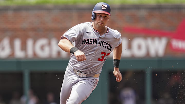 May 15, 2025; Cumberland, Georgia, USA; Washington Nationals first base Nathaniel Lowe (33) runs the bases against the Atlanta Braves during the second inning at Truist Park. 