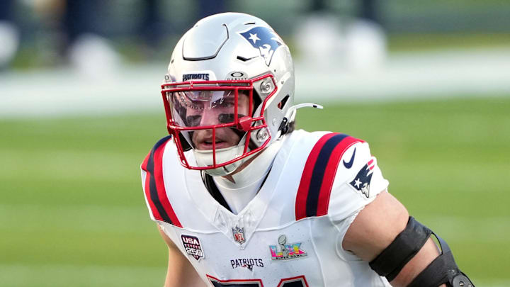 Feb 8, 2026; Santa Clara, CA, USA; New England Patriots linebacker Jack Gibbens (51) during the first quarter in Super Bowl LX against the Seattle Seahawks at Levi's Stadium. Mandatory Credit: Darren Yamashita-Imagn Images