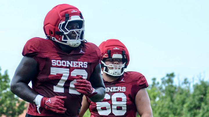 Oklahoma offensive lineman E'Marion Harris practices. Harris, an Arkansas transfer, is expected to be a significant piece of the Sooners' experienced offensive front. Oklahoma offensive lineman E'Marion Harris practices. Harris, an Arkansas transfer, is expected to be a significant piece of the Sooners' experienced offensive front.