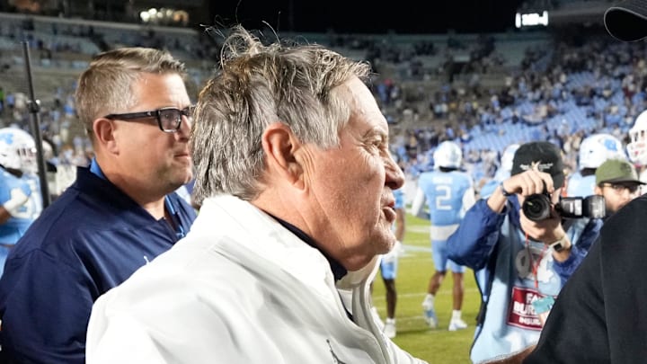 Nov 8, 2025; Chapel Hill, North Carolina, USA; North Carolina Tar Heels head coach Bill Belichick with Stanford Cardinal head coach Frank Reich after the game at Kenan Stadium. Mandatory Credit: Bob Donnan-Imagn Images