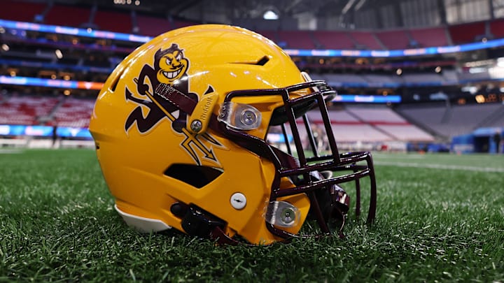 Jan 1, 2025; Atlanta, GA, USA; A detail view of an Arizona State Sun Devils helmet before the Peach Bowl at Mercedes-Benz Stadium. Mandatory Credit: Brett Davis-Imagn Images