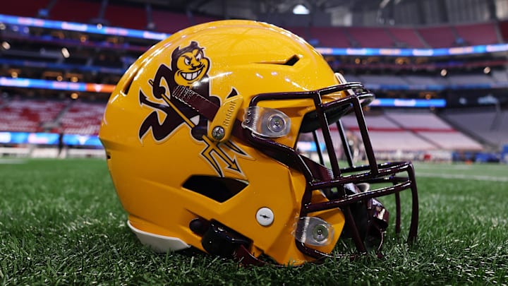 Jan 1, 2025; Atlanta, GA, USA; A detail view of an Arizona State Sun Devils helmet before the Peach Bowl at Mercedes-Benz Stadium. Mandatory Credit: Brett Davis-Imagn Images