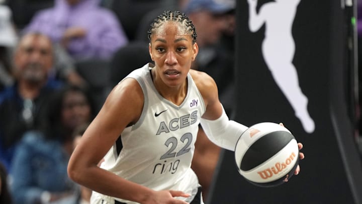 Las Vegas Aces center A'ja Wilson dribbles the ball.