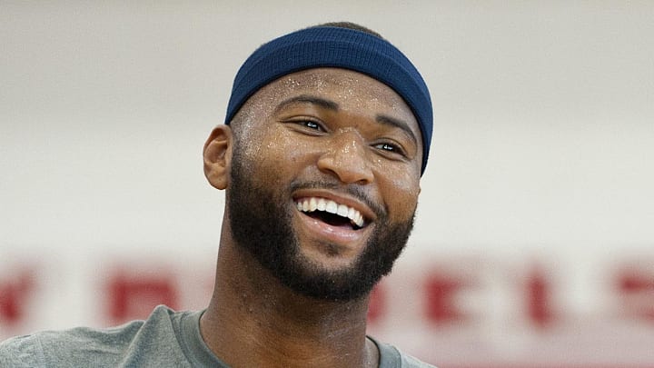 Aug 11, 2015; Las Vegas, NV, USA; Team USA center DeMarcus Cousins (36) laughs after taking a shot during the USA men's basketball national team minicamp at Mendenhall Center. Mandatory Credit: Stephen R. Sylvanie-Imagn Images