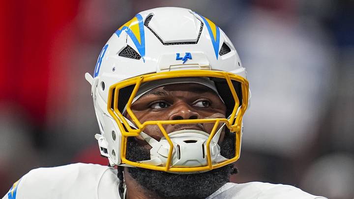 Dec 1, 2024; Atlanta, Georgia, USA; Los Angeles Chargers guard Jamaree Salyer (68) shown on the field before the game against the Atlanta Falcons at Mercedes-Benz Stadium. Mandatory Credit: Dale Zanine-Imagn Images