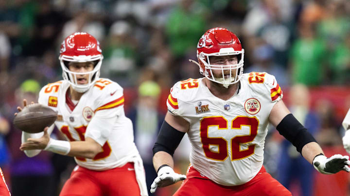 Feb 9, 2025; New Orleans, LA, USA;  Kansas City Chiefs guard Joe Thuney (62)  blocks for quarterback Patrick Mahomes (15) against the Philadelphia Eagles in Super Bowl LIX at Ceasars Superdome. Mandatory Credit: Mark J. Rebilas-Imagn Images