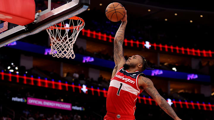 Nov 12, 2025; Houston, Texas, USA; Washington Wizards forward Cam Whitmore (1) dunks against against the Houston Rockets during the third quarter at Toyota Center. Mandatory Credit: Erik Williams-Imagn Images
