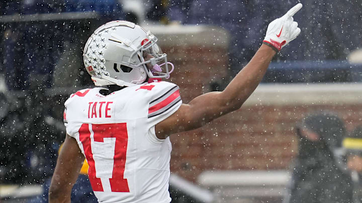 Ohio State Buckeyes wide receiver Carnell Tate (17) celebrates a touchdown catch during the NCAA football game against the Michigan Wolverines at Michigan Stadium in Ann Arbor, Mich. on Nov. 29, 2025. Ohio State won 27-9.