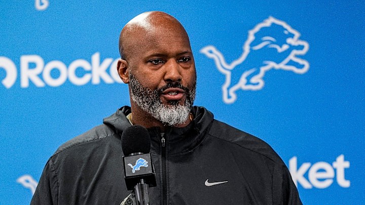 Detroit Lions general manager Brad Holmes speaks during media availability in January of 2026.