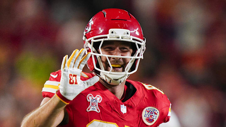 Dec 25, 2025; Kansas City, Missouri, USA; Kansas City Chiefs tight end Travis Kelce (87) reacts after making a catch for a first down during the first half against the Denver Broncos at GEHA Field at Arrowhead Stadium. Mandatory Credit: Jay Biggerstaff-Imagn Images