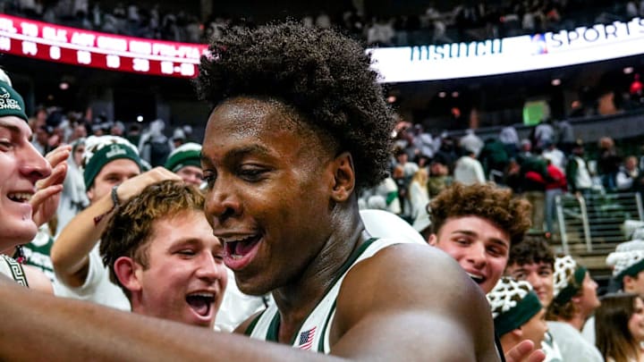Michigan State's Cam Ward celebrates with fans after the Spartans victory over Arkansas on Saturday, Nov. 8, 2025, at the Breslin Center in East Lansing. Michigan State's Cam Ward celebrates with fans after the Spartans victory over Arkansas on Saturday, Nov. 8, 2025, at the Breslin Center in East Lansing.