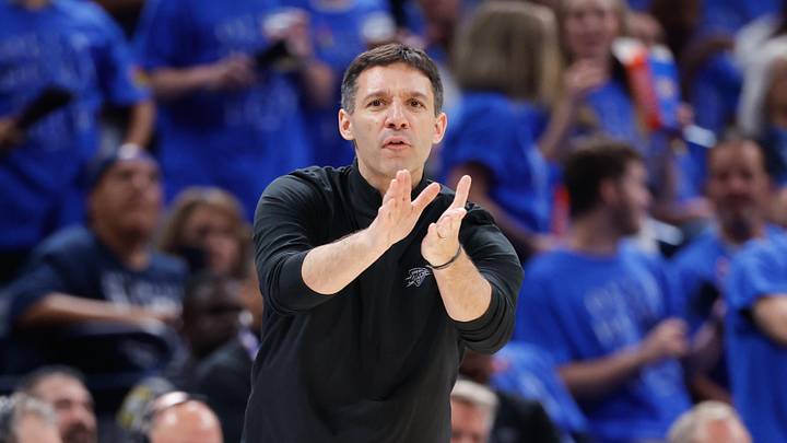 May 18, 2026; Oklahoma City, Oklahoma, USA; Oklahoma City Thunder head coach Mark Daigneault reacts during the third quarter against the San Antonio Spurs during game one of the western conference finals for the 2026 NBA playoffs at Paycom Center. Mandatory Credit: Alonzo Adams-Imagn Images May 18, 2026; Oklahoma City, Oklahoma, USA; Oklahoma City Thunder head coach Mark Daigneault reacts during the third quarter against the San Antonio Spurs during game one of the western conference finals for the 2026 NBA playoffs at Paycom Center. Mandatory Credit: Alonzo Adams-Imagn Images