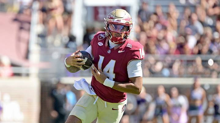 Sep 26, 2026; Tallahassee, Florida, USA; Florida State Seminoles quarterback Ashton Daniels (14) runs during the first quarter against the Central Arkansas Bears at Doak S. Campbell Stadium. Mandatory Credit: Melina Myers-Imagn Images Sep 26, 2026; Tallahassee, Florida, USA; Florida State Seminoles quarterback Ashton Daniels (14) runs during the first quarter against the Central Arkansas Bears at Doak S. Campbell Stadium. Mandatory Credit: Melina Myers-Imagn Images