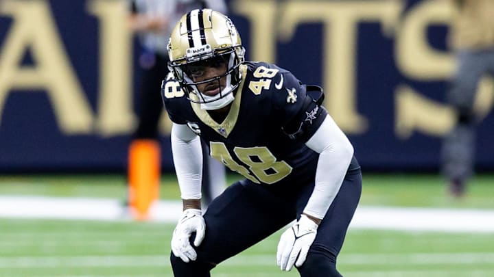 Jan 7, 2024; New Orleans, Louisiana, USA;  New Orleans Saints safety J.T. Gray (48) looks on against the Atlanta Falcons during the first half at Caesars Superdome. Mandatory Credit: Stephen Lew-Imagn Images