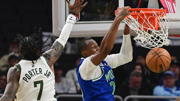 Oct 5, 2026; Milwaukee, Wisconsin, USA; Minnesota Timberwolves forward Jonathan Kuminga (24) dunks a basket against Milwaukee Bucks guard Kevin Porter (7) in the second quarter at Fiserv Forum. Mandatory Credit: Benny Sieu-Imagn Images Oct 5, 2026; Milwaukee, Wisconsin, USA; Minnesota Timberwolves forward Jonathan Kuminga (24) dunks a basket against Milwaukee Bucks guard Kevin Porter (7) in the second quarter at Fiserv Forum. Mandatory Credit: Benny Sieu-Imagn Images
