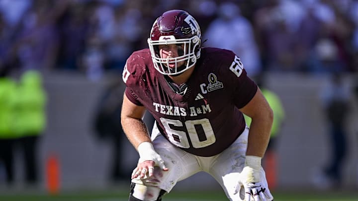 Texas A&M Aggies offensive lineman Trey Zuhn III (60) lines up during the game between the Aggies and the Hurricanes at Kyle Field.