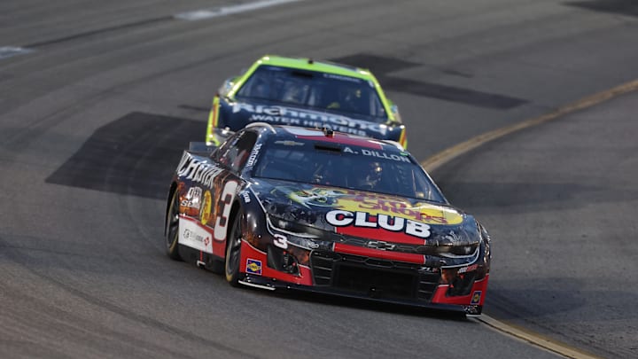 Aug 16, 2025; Richmond, Virginia, USA; NASCAR Cup Series driver Austin Dillon (3) races NASCAR Cup Series driver Austin Cindric (2) during the Cook Out 400 at Richmond Raceway. Mandatory Credit: Amber Searls-Imagn Images