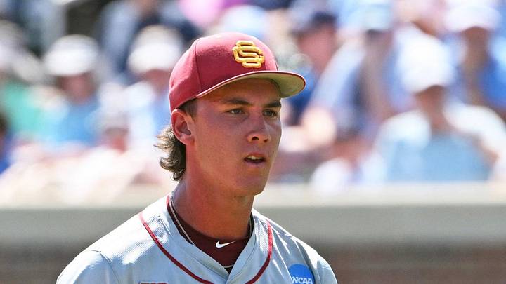 Jun 5, 2026; Chapel Hill, NC, USA;  USC Trojans pitcher Mason Edwards (30) reacts during the first inning after striking out the North Carolina Tar Heels at Boshamer Stadium. Mandatory Credit: Zachary Taft-Imagn Images