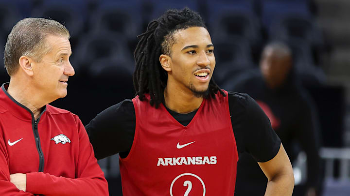 Arkansas Razorbacks coach John Calipari and guard Boogie Fland at practice at the Chase Center in San Francisco, Calif., on Wednesday.