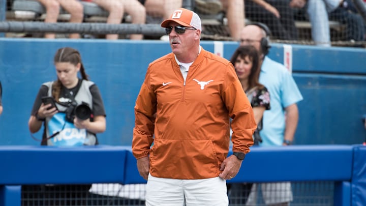 Texas Longhorns head coach Mike White look on in the sixth inning against the Florida Gators.