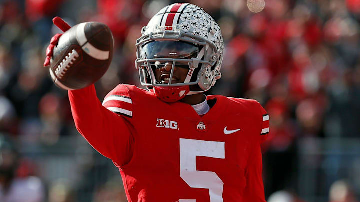 Ohio State Buckeyes wide receiver Garrett Wilson (5) celebrates a touchdown catch against Michigan State Spartans in the second quarter during their NCAA College football game at Ohio Stadium in Columbus, Ohio on November 20, 2021.