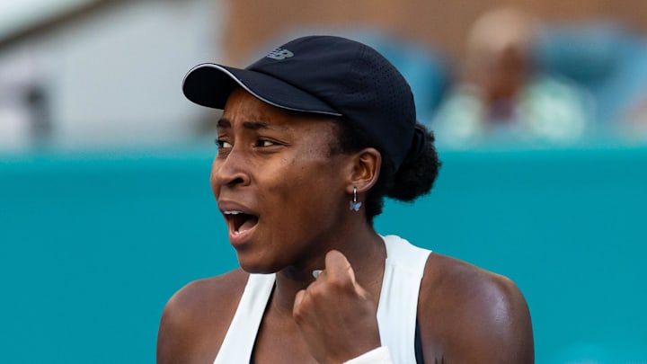 Coco Gauff celebrates during her match