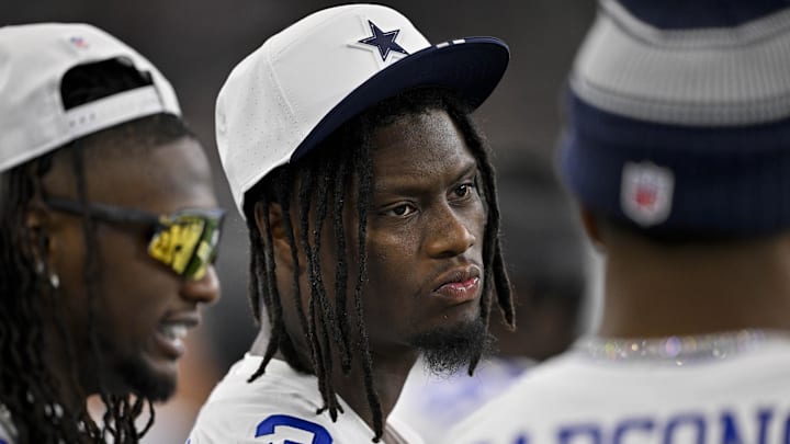 Dallas Cowboys wide receiver George Pickens looks on before the game against the Baltimore Ravens at AT&T Stadium. 