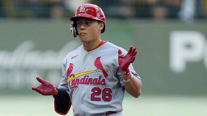 St. Louis Cardinals second baseman JJ Wetherholt (26) reacts after he doubles (6) on a sharp line drive to Milwaukee Brewers center fielder Garrett Mitchell (5) during the fifth inning of the game on Wednesday May 27, 2026 at American Family Field in Milwaukee, Wisconsin. St. Louis Cardinals second baseman JJ Wetherholt (26) reacts after he doubles (6) on a sharp line drive to Milwaukee Brewers center fielder Garrett Mitchell (5) during the fifth inning of the game on Wednesday May 27, 2026 at American Family Field in Milwaukee, Wisconsin.