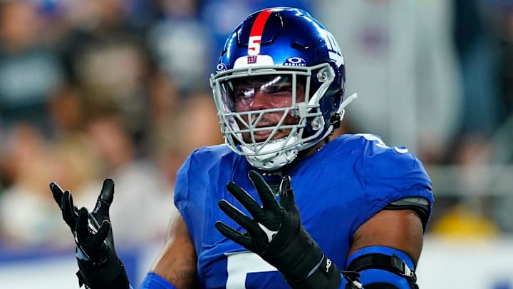 New York Giants linebacker Kayvon Thibodeaux (5) reacts to nearly intercepting Seattle Seahawks quarterback Geno Smith (not pictured) in the first half at MetLife Stadium on Monday, Oct. 2, 2023, in East Rutherford.