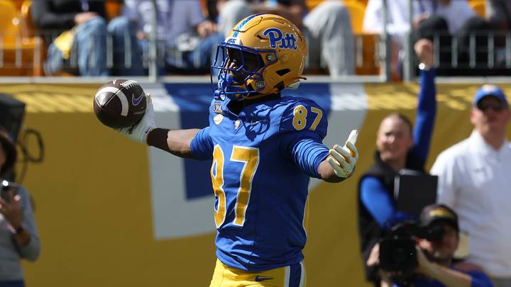 Sep 26, 2026; Pittsburgh, Pennsylvania, USA; Pittsburgh Panthers wide receiver Demetrice McCray (87) scores a touchdown past Bucknell Bison cornerback England Allen (19) during the second quarter at Acrisure Stadium. Mandatory Credit: Charles LeClaire-Imagn Images Sep 26, 2026; Pittsburgh, Pennsylvania, USA; Pittsburgh Panthers wide receiver Demetrice McCray (87) scores a touchdown past Bucknell Bison cornerback England Allen (19) during the second quarter at Acrisure Stadium. Mandatory Credit: Charles LeClaire-Imagn Images