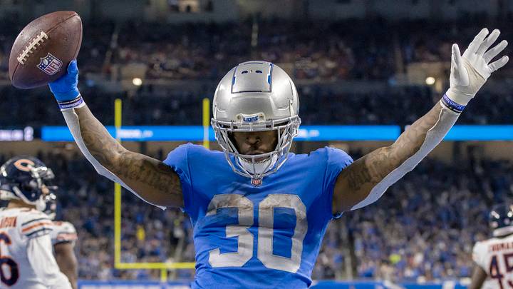 Jan 1, 2023; Detroit, Michigan, USA; Detroit Lions running back Jamaal Williams (30) celebrates his touchdown against the Chicago Bears during the third quarter at Ford Field. Mandatory Credit: David Reginek-USA TODAY Sports Jan 1, 2023; Detroit, Michigan, USA; Detroit Lions running back Jamaal Williams (30) celebrates his touchdown against the Chicago Bears during the third quarter at Ford Field. Mandatory Credit: David Reginek-USA TODAY Sports