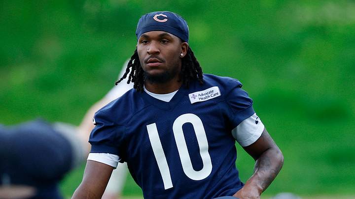 Jun 11, 2026; Lake Forest, IL, USA; Chicago Bears wide receiver Luther Burden III (10) stretches during Minicamp at Halas Hall. Mandatory Credit: Kamil Krzaczynski-Imagn Images