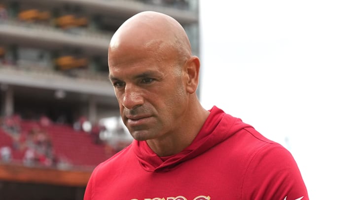 Sep 28, 2025; Santa Clara, California, USA; San Francisco 49ers defensive coordinator Robert Saleh walks off of the field after the game against the Jacksonville Jaguars at Levi's Stadium. Mandatory Credit: Darren Yamashita-Imagn Images