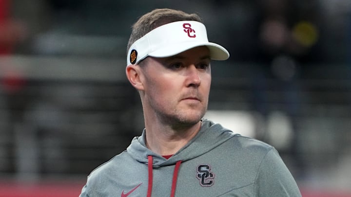 Dec 2, 2022; Las Vegas, NV, USA; Southern California Trojans head coach Lincoln Riley reacts in the first half of the Pac-12 Championship against the Utah Utes at Allegiant Stadium. Mandatory Credit: Kirby Lee-Imagn Images